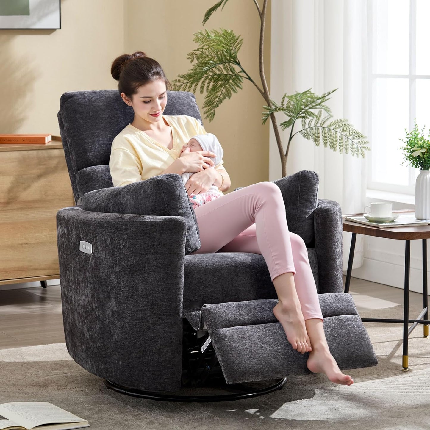 Power Recliner,Nursery Swivel Glider Rocking Chair with USB Port,Upholstered Adult Electric Recliner Rocking Chair with 2 Pillows for Living Room Bedroom (Beige Corduroy, Power-Driven)
