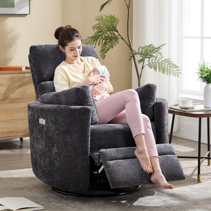 Power Recliner,Nursery Swivel Glider Rocking Chair with USB Port,Upholstered Adult Electric Recliner Rocking Chair with 2 Pillows for Living Room Bedroom (Beige Corduroy, Power-Driven)