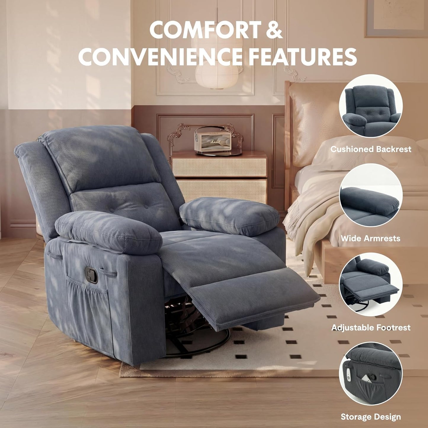 FLEXISPOT Swivel Rocker Recliner Chair for Adults, Massage Recliner Rocking Chair Nursery, 360° Swivel Nursery Glider for Living Room Bedroom, Beige (XRC2)
