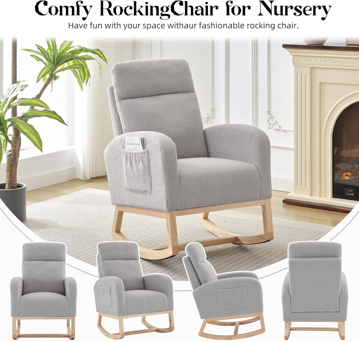 GAOMON Rocking Chair Glider for Nursery, Comfy Rocker Nursery with Side Pocket & High Backrest, Baby Rocking Chair for Breastfeeding, Upholstered Rocker & Living Room, Beige