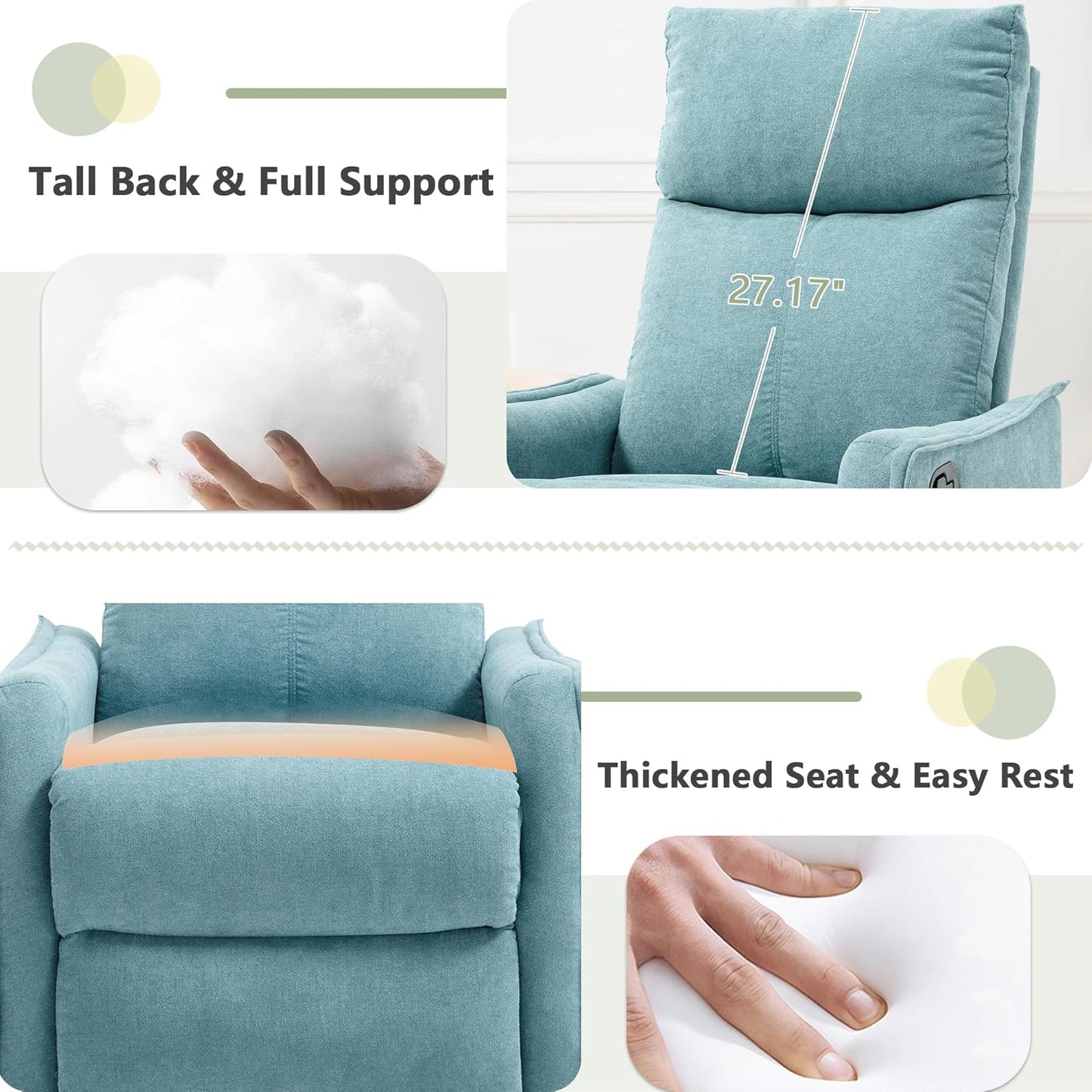 cinkehome Swivel Rocker Recliner, Glider Rocker Recliner Chair for Nursery, Manual Reclining Chair with Heated Massage, Small Spaces, Living Room, Khaki Chenille