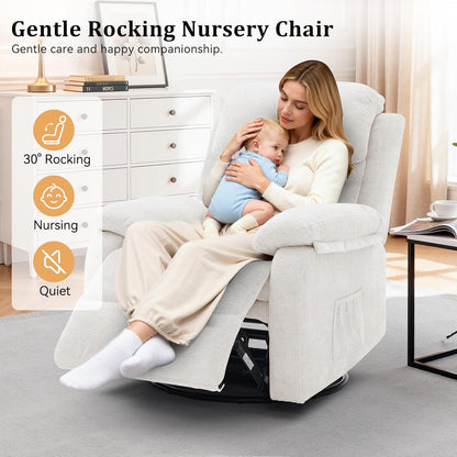 Korser Recliner Chair, 360 Swivel Rocker Chair for Adults, Small Rocking Recliner for Small Spaces, Upholstered Fabric Glider Recliner Nursery