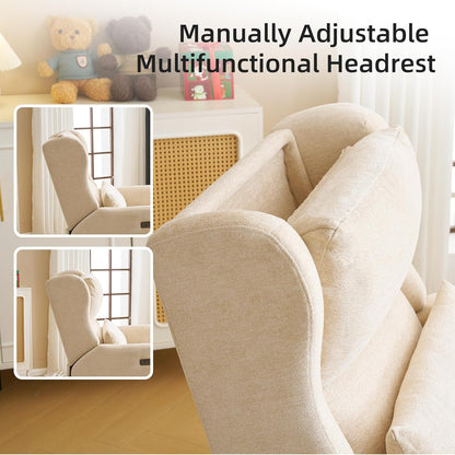Large Glider Rocker Recliner,Rocking Chair Nursery with Adjustable Headrest,Swivel Rocker Recliner with Lumbar Support,Manual Nursery Rocker Recliner for Living Room& Bedroom,Chenille White