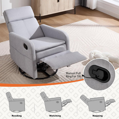 Ketaiyou Swivel Rocking Recliner Chair for Adults, Rocker Nursery Glider Chair for Living Room Bedroom, Upholstered Fabric Reclining Single Sofa Chair(Light Grey)