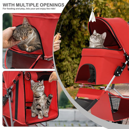 MoNiBloom Foldable Pet Stroller with Weather Cover, 3 Wheels Pet Strolling Cart for Small/Medium Dogs and Cats with Storage Basket and Cup Holder, Breathable and Visible Mesh for All-Season, Black