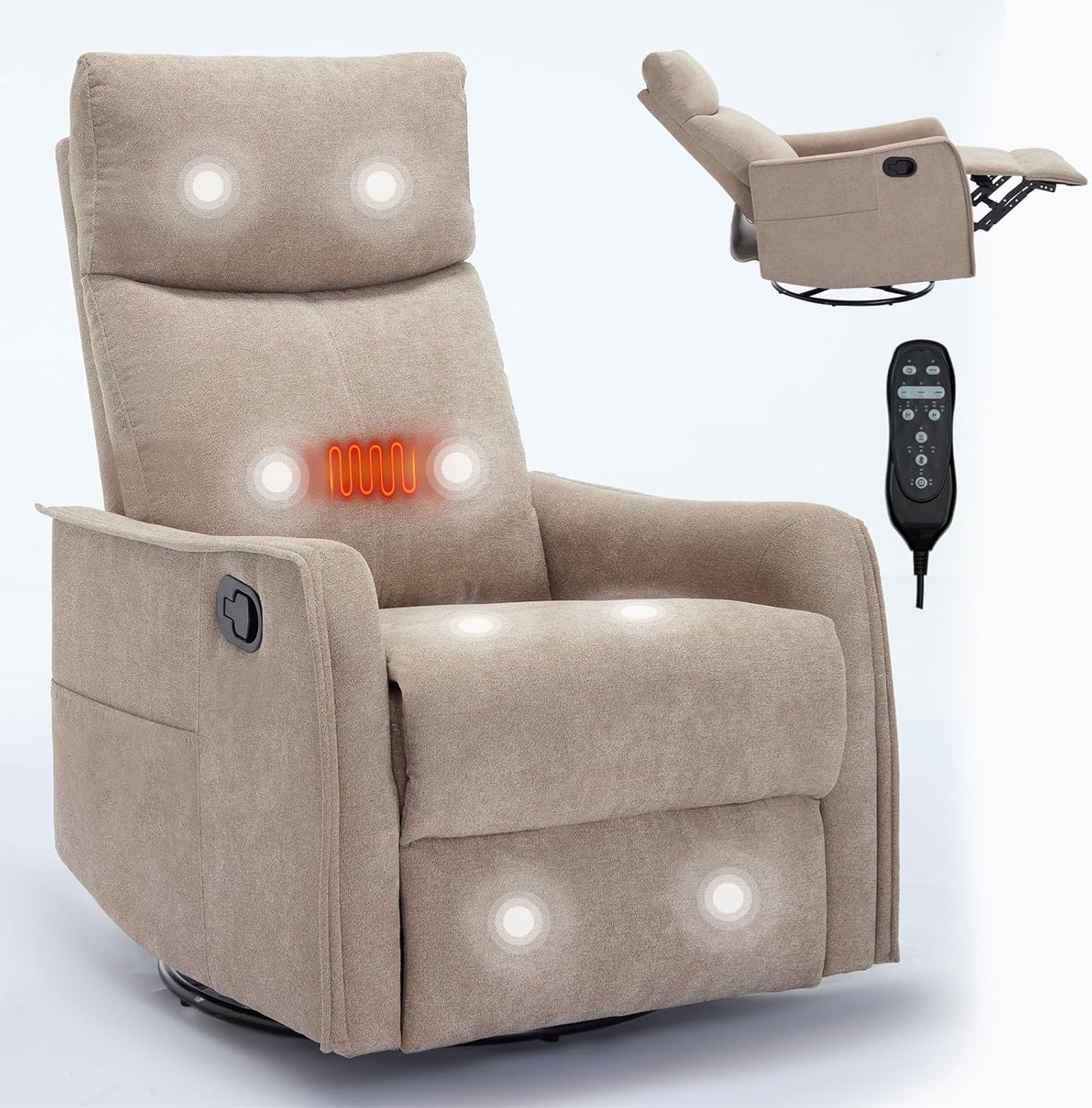 Swivel Rocker Recliner Chair for Adults, Nursery Rocking Chair with Heat and Massage, Glider Reclining Chair for Small Space Living Room Bedroom, Faux Leather Black