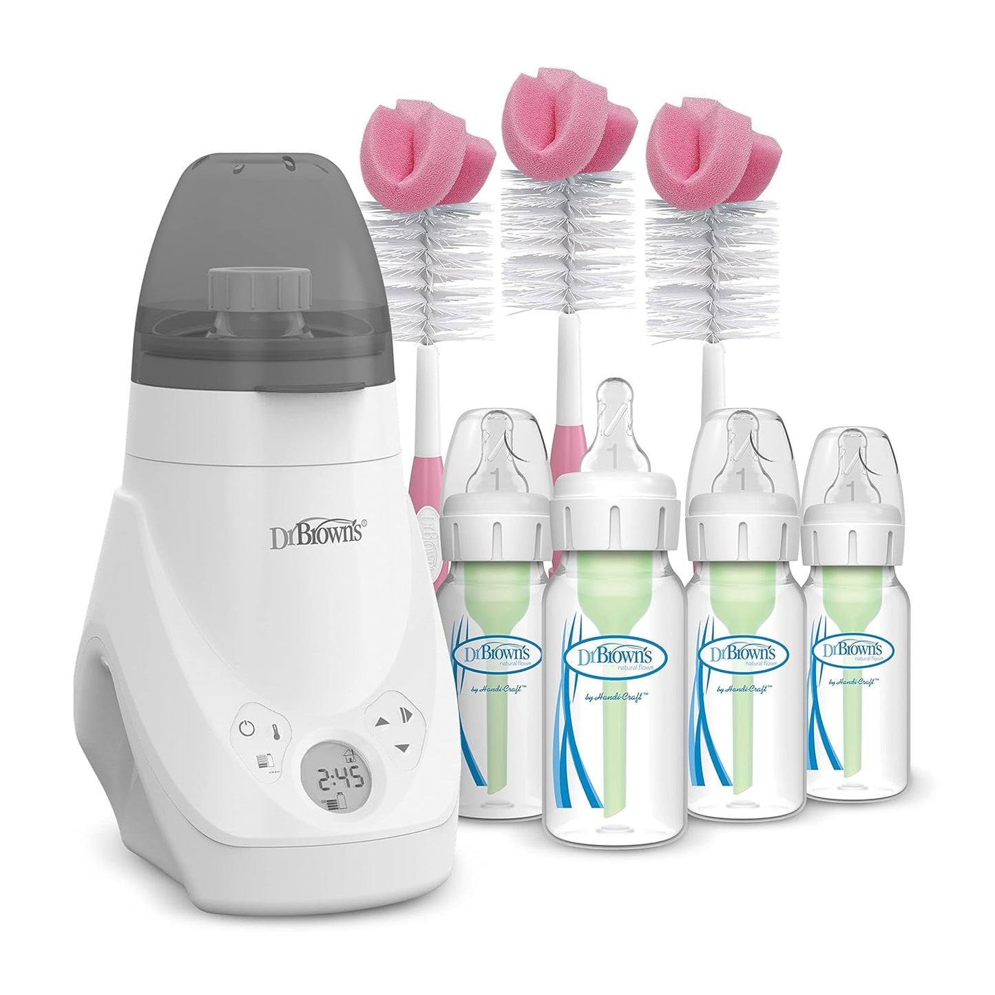 Dr. Brown’s Deluxe Baby Bottle Warmer and Sterilizer For Bottles and Baby Food Jars with Anti-Colic Options+ Baby Bottles 4 oz Level 1 Slow Flow Nipple, 4 Pack, 0m+ and Bottle Cleaning Brush Set, Pink