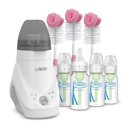 Dr. Brown’s Deluxe Baby Bottle Warmer and Sterilizer For Bottles and Baby Food Jars with Anti-Colic Options+ Baby Bottles 4 oz Level 1 Slow Flow Nipple, 4 Pack, 0m+ and Bottle Cleaning Brush Set, Pink