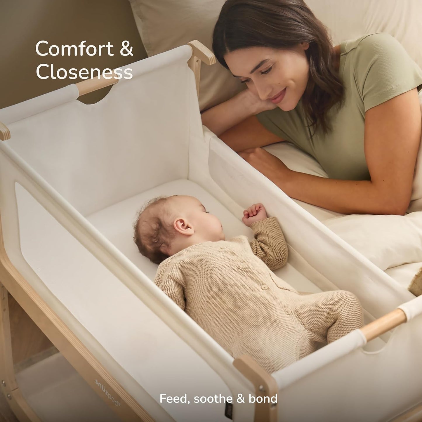 SnuzPod 5 Bedside Bassinet for Baby - Newborn Bed with Zip Down Breathable Windows, Rocking Bedside Sleeper with Lift-Off Bassinet, Portable 3-in-1 Baby Cradle with Wheels & Mattress, Natural