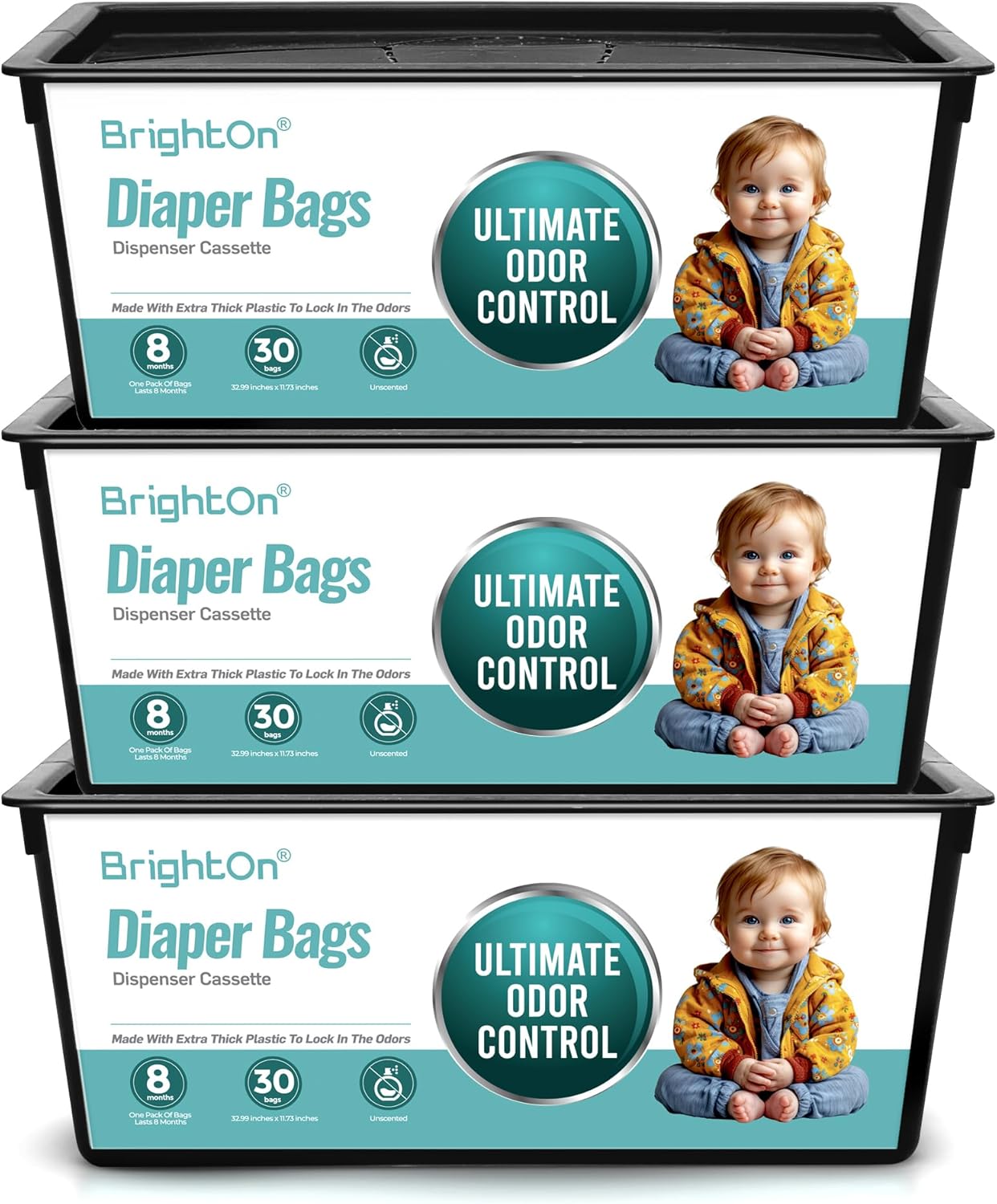 BrightOn® Diaper Pail Refill Bags, 30 Bags Per Refill, Compatible with Genie Easy Roll Signature Diaper Pails, Holds Up to 2820 Newborn Diapers, Real 7 Layer Odor Barrier, Unscented, 2PACK (60 Bags)