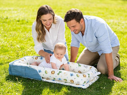 Baby Lounger for Newborns & Infants 0–24 Months, 100% Cotton Breathable Infant Support Cushion with Adjustable Size, Portable Baby Nest for Home and Travel, Baby Shower Gift (Animal World Blue)