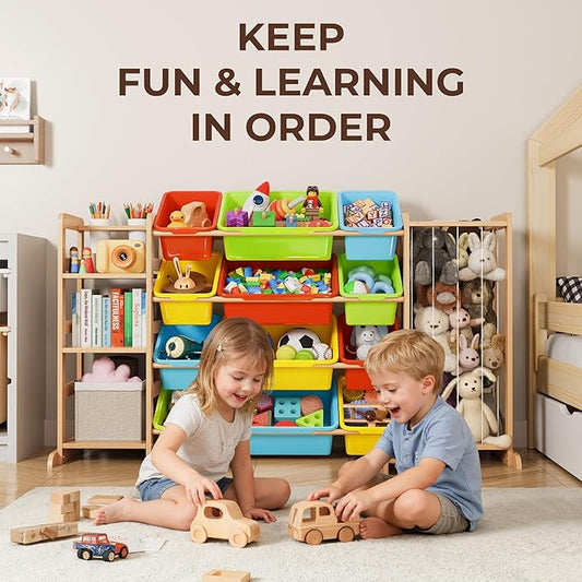 mirolam Storage Organizer with Bookshelf and Stuffed Animal Storage - Playroom Organization with Shelves and 12 Bins - Living Room Box for Lego - Bedroom Decor Essentials