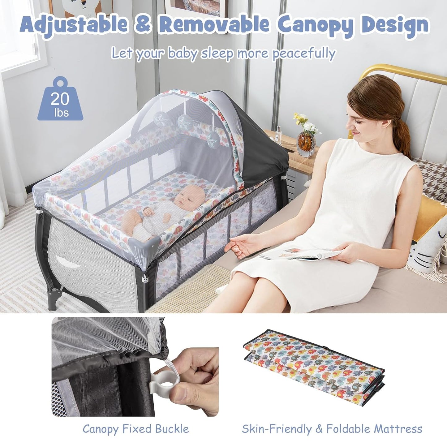 BABY JOY 4 in 1 Pack and Play with Canopy, Portable Baby Playard with Bassinet, Double-Layer Baby Crib, Wheels & Brake, Foldable Baby Girl Pink Princess Bassinet from Newborn to Toddler