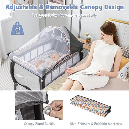 BABY JOY 4 in 1 Pack and Play, Portable Baby Playard with Bassinet, Adjustable Canopy, Changing Table, Lockable Wheels, Music Box, Travel Baby Crib Bassinet from Newborn to Toddler
