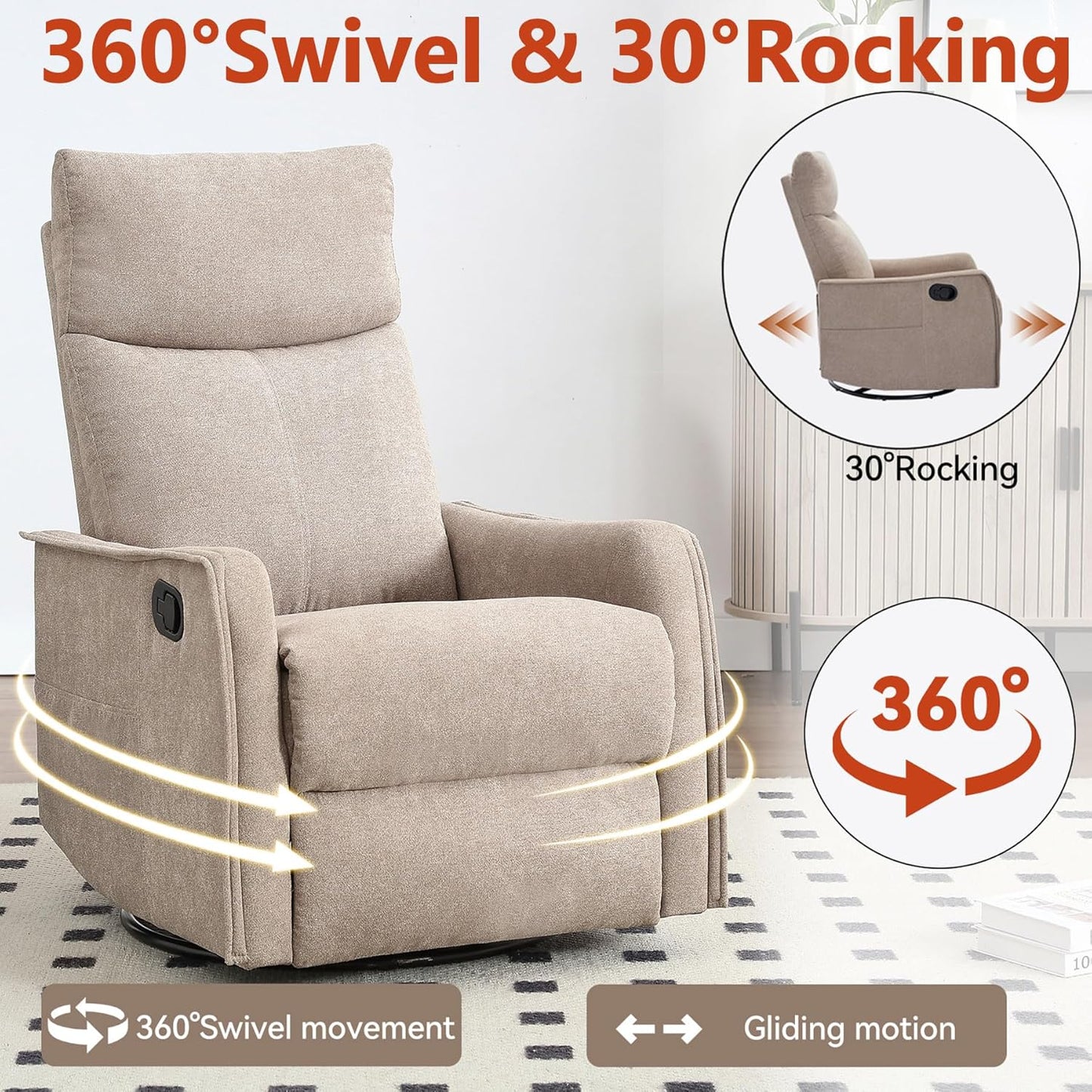 Massage Chair Recliner with Heat, Swivel Rocking Chair Recliner with High Back, Manual Nursery Recliners for Adults,Small Recliner Chair for Small Spaces, Living Room Bedroom, Fabric (Blue Green)