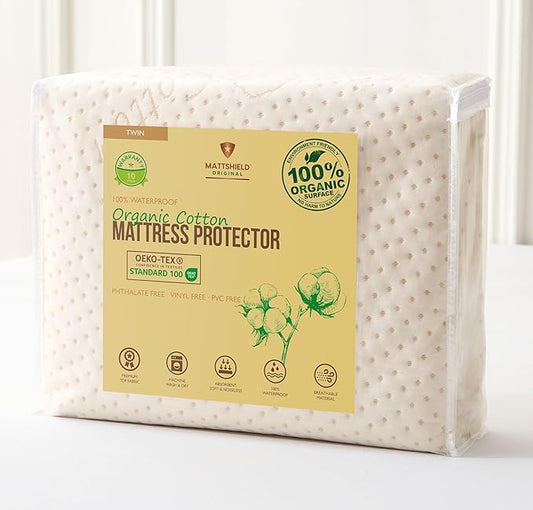 Luxury Waterproof Organic Mattress Protector Twin Size - Organic Cotton Breathable Mattress Pad Cover - Premium 380 GSM 3D Air Fabric - Deep Pocket - Jersey Cotton Skirt - Fitted Design