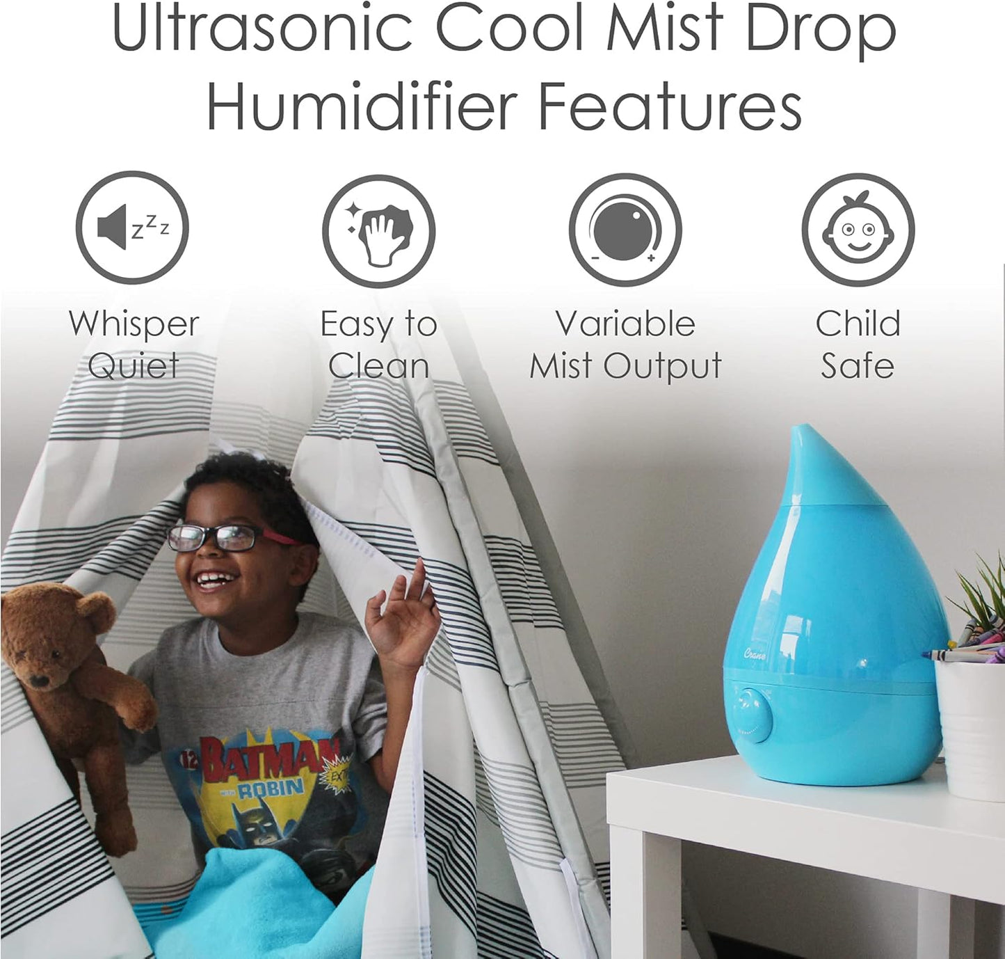 Crane Ultrasonic Cool Mist Humidifier for Bedroom, Baby Nursery, Kids Room, Plants, or Office, Large 1 Gallon Tank, Filter Optional, Clear and White