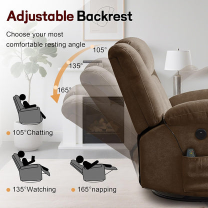 Korser Rocker Recliner, Glider Recliner Chairs for Adults, 360° Swivel Rocking Chair with Massage and Heating, Nursery Chair with Storage and USB Charging for Living Room, Bedroom, Nursery