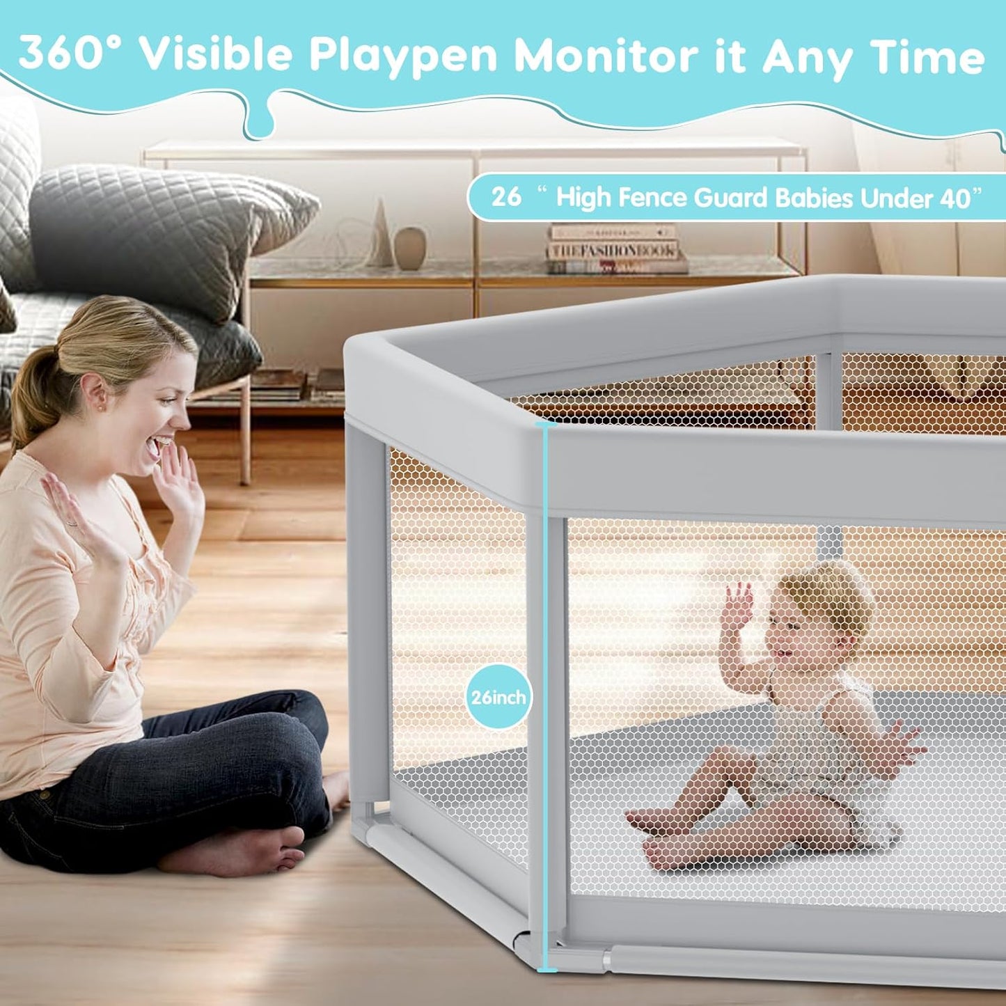 Fshibila 74" ×50" Large Baby Playpen, Baby Playard for Babies and Toddlers, Baby Fence Play Pens for Indoor & Outdoor, Sturdy Safety Play Yard with Soft Breathable Mesh, Anti-Fall, Grey