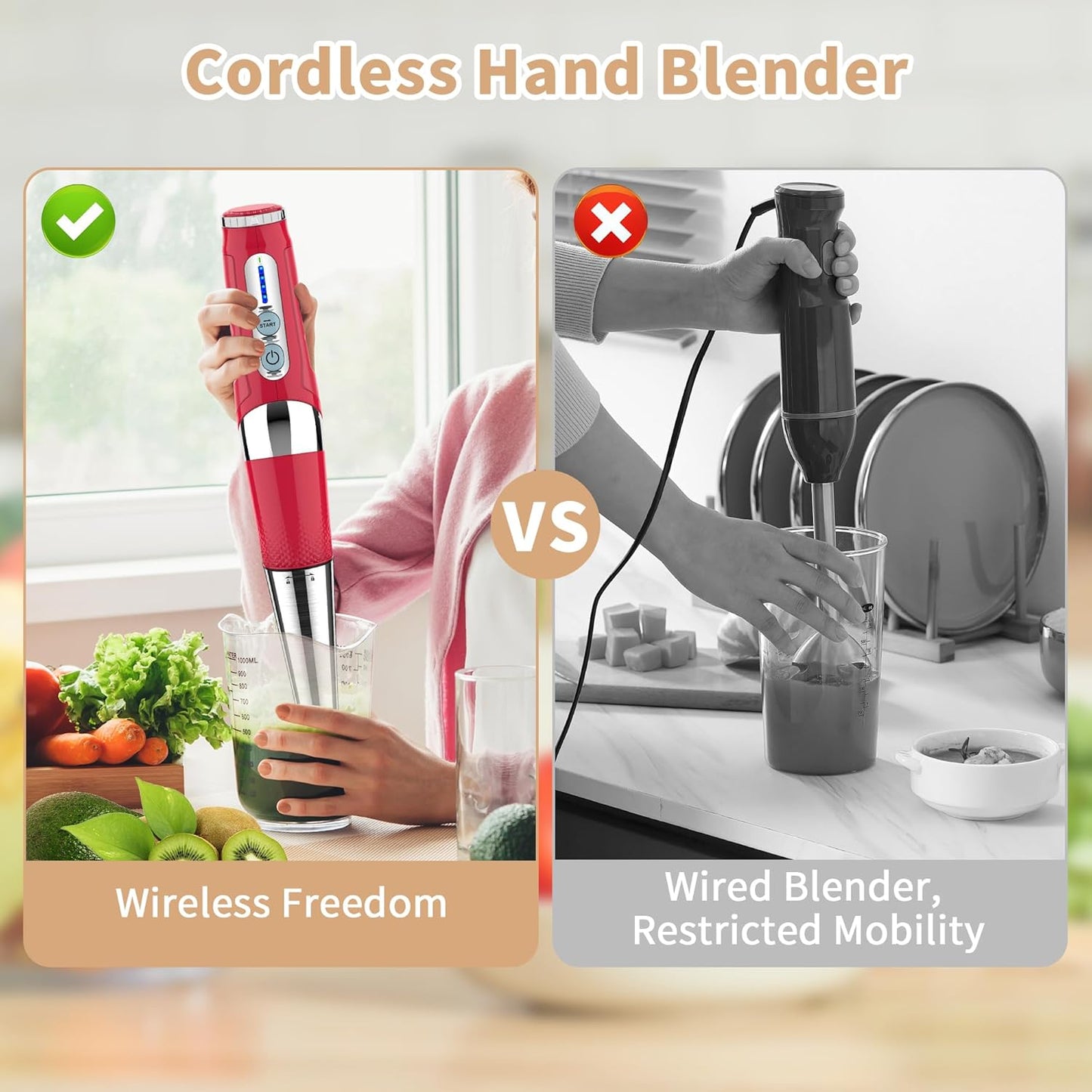 Toogel Cordless Immersion Blender, Electric Hand Blender with 21-Speed & 3-Angle Adjust, USB Rechargeable, BPA-Free & Dishwasher Safe for Baby Food, Smoothies, Soup (Grey)