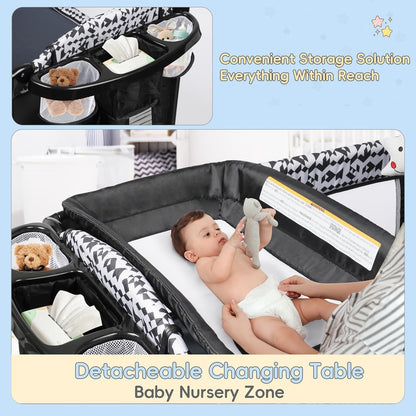 Xilingol 5-in-1 Pack and Play, Baby Bassinet Bedside Sleeper with Diaper Changer, Storage Bag & Music Box, Portable Baby Crib with Carry Bag, Foldable Playard with Bassinet for Newborn to Toddlers