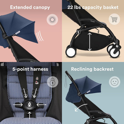 Stokke YOYO3 Stroller from 6 Months - Includes Black Frame, Seat Cushion & Canopy - Folds in & Out in a Flash - Light & Compact - Carry-On Compatible