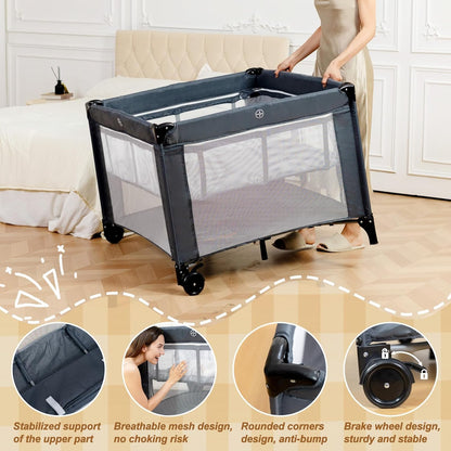 Twin Bassinet - 3 in 1 Twin Bassinets for 2 Babies with Hanging Toys & Storage Basket, Portable Pack and Play Foldable Bedside Sleeper with Carry Bag, Grey