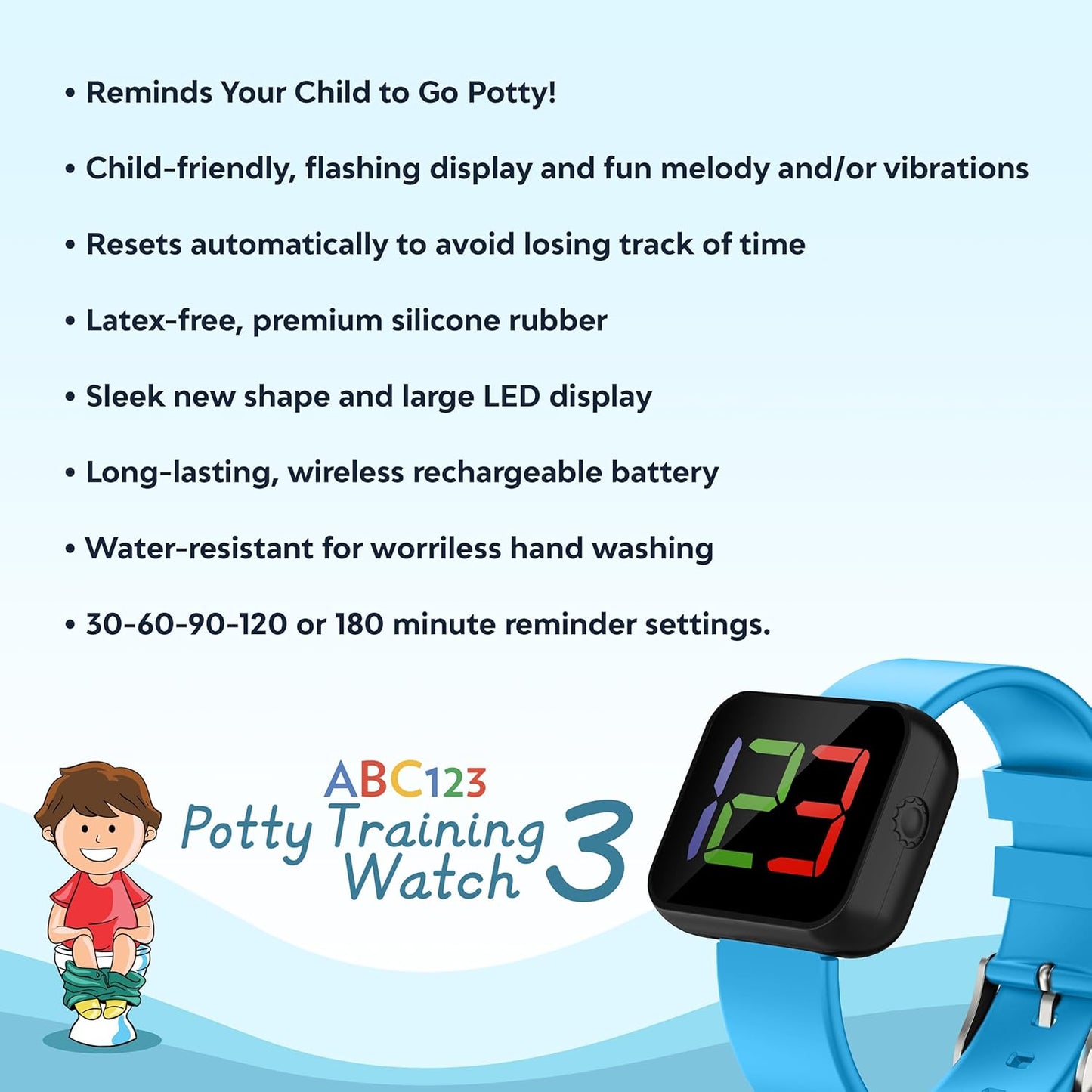 ABC123 Potty Training Watch 3 (2023 Edition) - Baby Reminder Water Resistant Timer for Toilet Training Kids & Toddler with Wireless Charging (Pink)