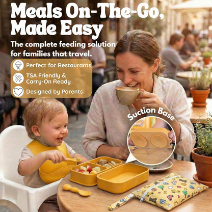 Baby Travel Essentials 6 Pc Silicone Feeding Set - Portable Toddler Plates with Suction, Baby Spoons & Foldable Bib in Carrying Case - BPA-Free Infant & Toddler Utensils for Airplanes & Eating Out