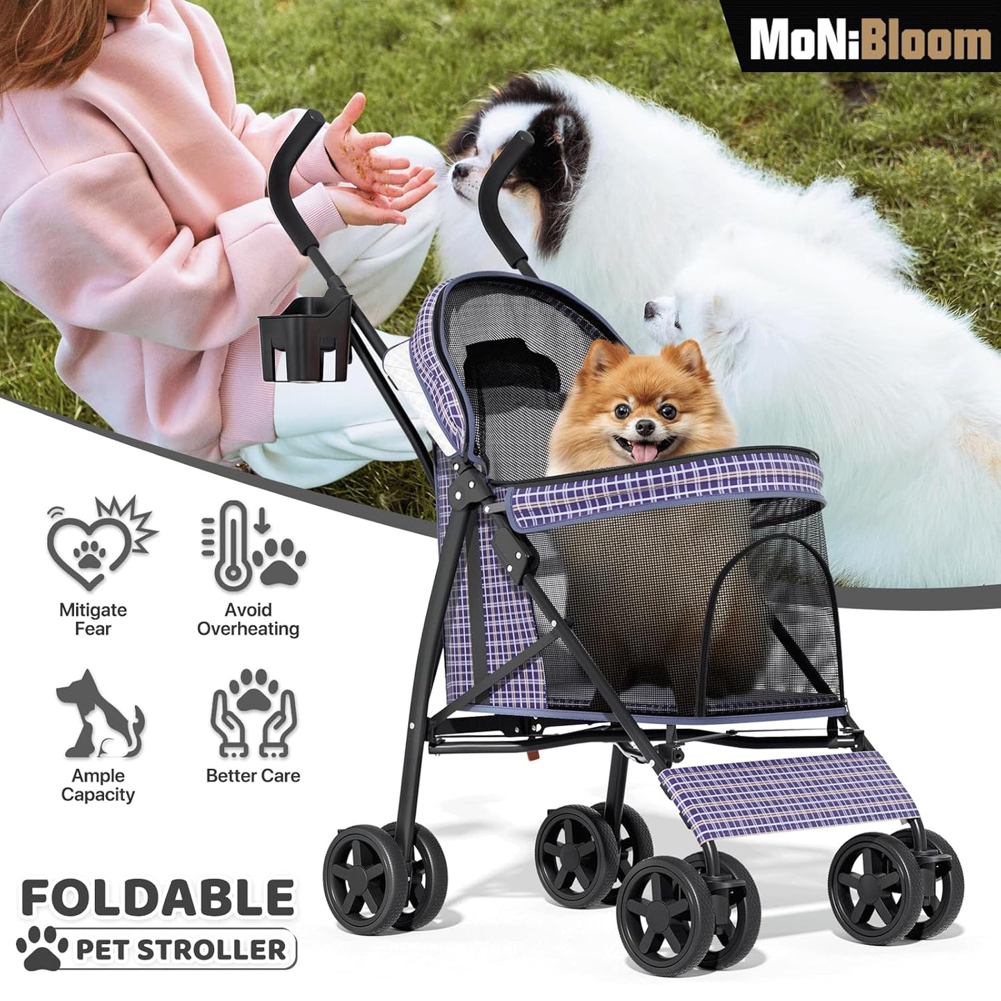 MoNiBloom 4 Wheels Pet Stroller, Easy-Fold Puppy Cage Jogger Stroller with Sun Cover, Pad and Rear Storage Bag, Breathable and Visible Mesh for Small/Medium Pets up to 22 lbs, Black
