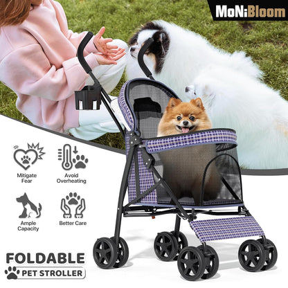 MoNiBloom 4 Wheels Pet Stroller, Easy-Fold Puppy Cage Jogger Stroller with Sun Cover, Pad and Rear Storage Bag, Breathable and Visible Mesh for Small/Medium Pets up to 22 lbs, Black