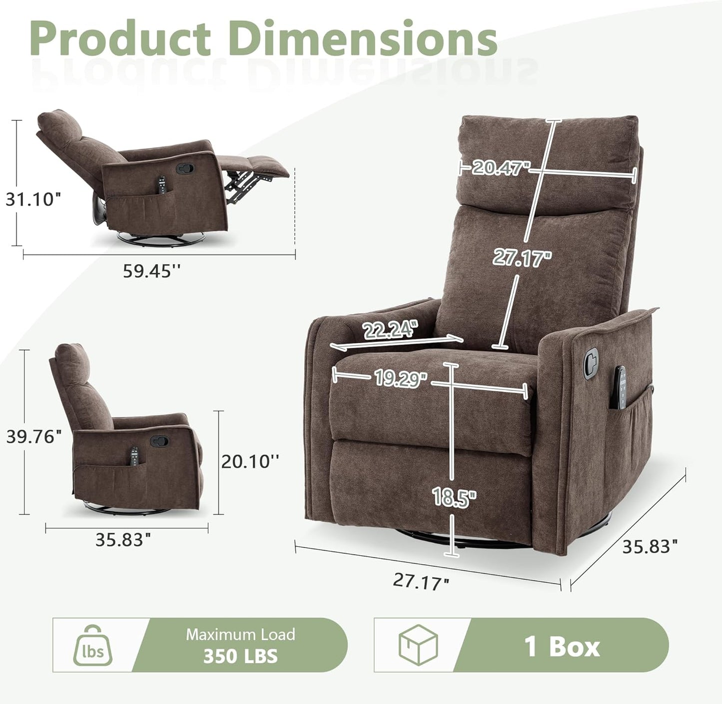 cinkehome Swivel Rocker Recliner, Glider Rocker Recliner Chair for Nursery, Manual Reclining Chair with Heated Massage, Small Spaces, Living Room, Khaki Chenille