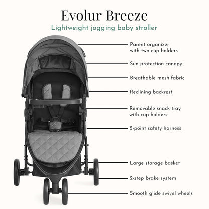 Evolur Breeze Stroller in Green, Adjustable Backrest & Canopy, Compact Fold Lightweight Baby/Toddler Stroller with Storage Basket