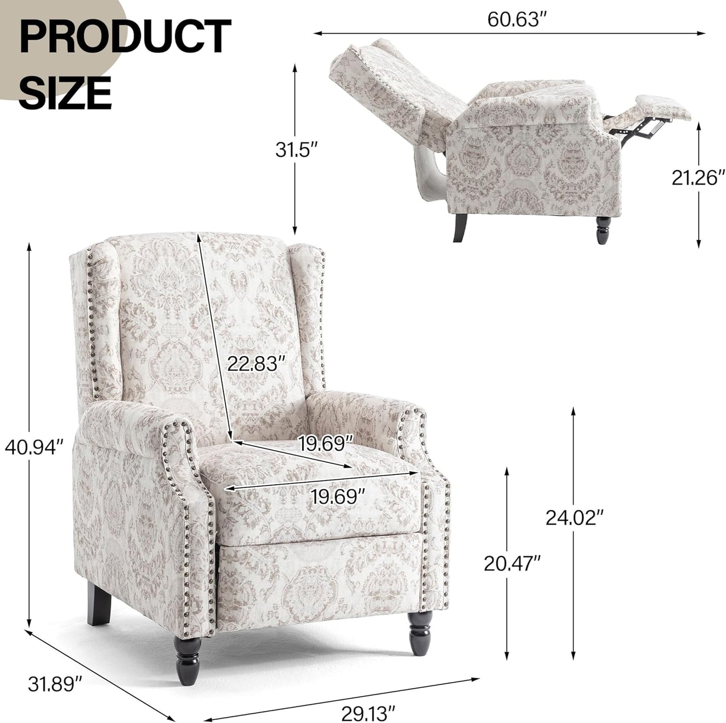 Swivel Rocker Recliner Chair, Manual Nursery Glider Recliner, Floral Fabric Wingback Accent Chair with Adjustable Backrest & Footrest for Small Spaces Living Room Bedroom (Plants Floral, Set of 1)