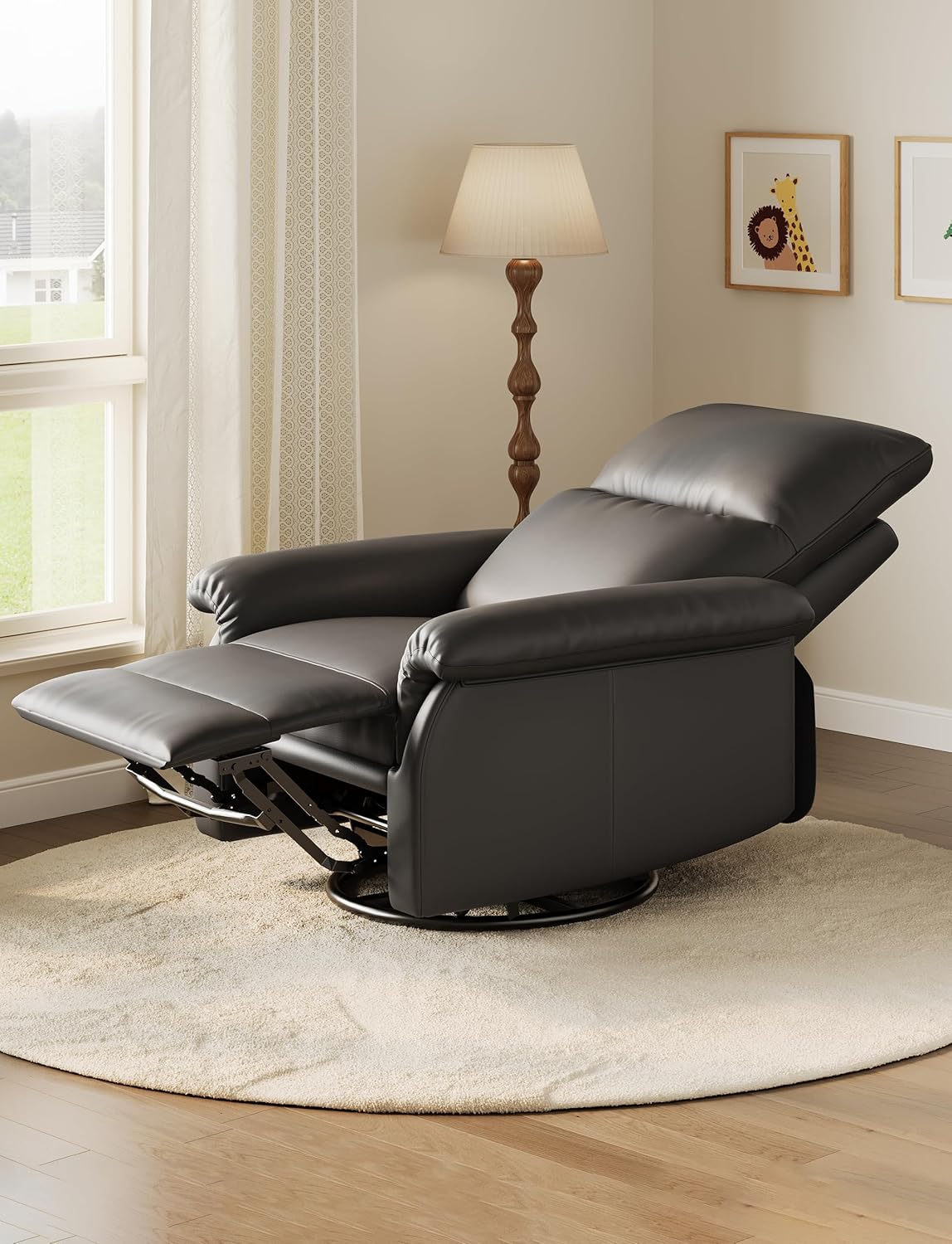GarveeHome Recliner Chair, 360° Swivel Rocker Glider Nursery Chair with Padded Armrest and Deep Seat, PU Leather Upholstered Reclining Sofa Chair for Living Room, Bedroom and Nursery (Brown)