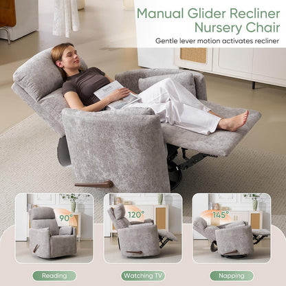 Oversized Swivel Rocker Recliner Chair with Heat and Massage, Rocking Chair with Adjustable Headrest, Manual Recliner, Glider Recliner with 2 Pillows, Chenille White