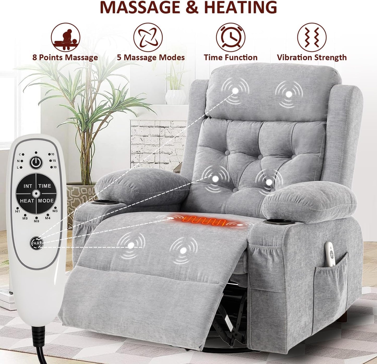 Rocker Recliner Chair with Massage and Heat, Oversized Rocking Nursery Recliners Overstuffed Swivel Glider with Cup Holder, Fabric Manual Single Sofa for Living Room, Beige