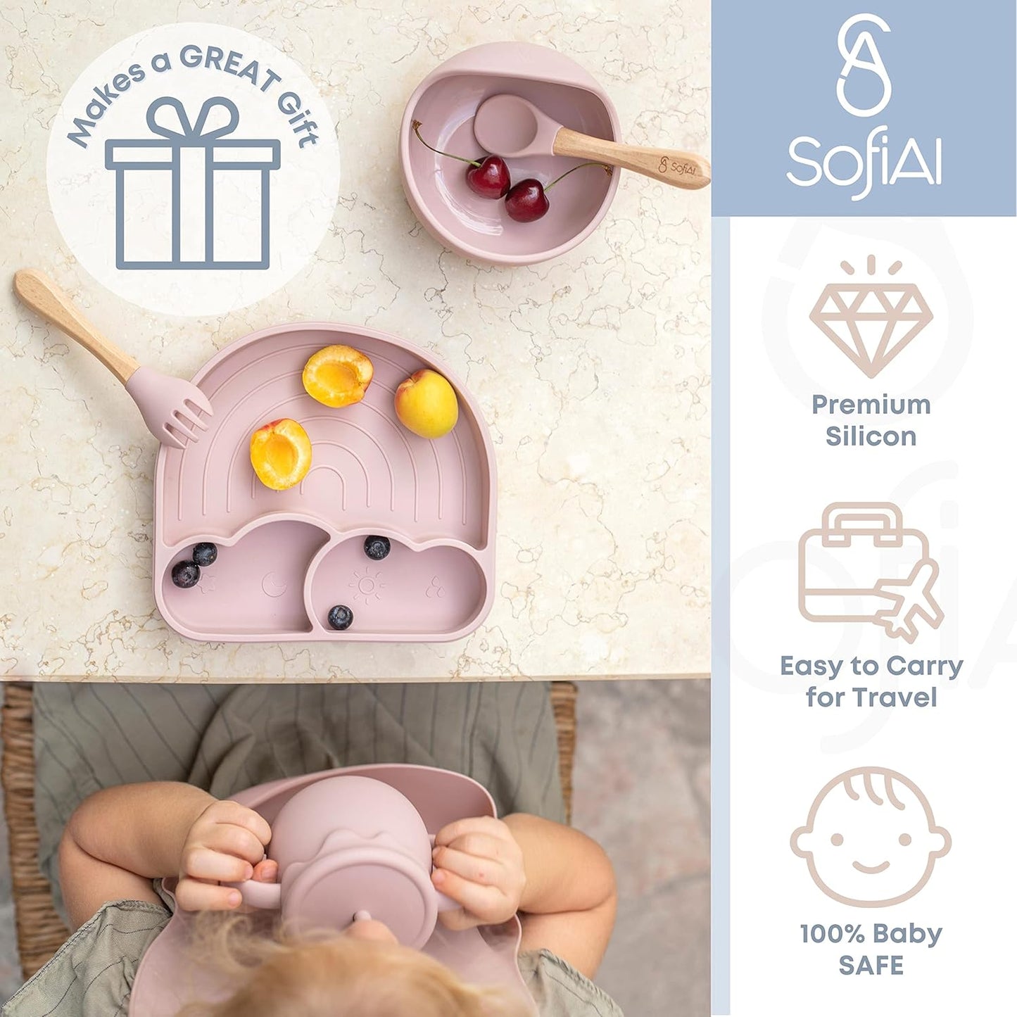 BPA-Free Non-Toxic Silicone Baby Feeding Set – Suction Plate, Bowl, Bib & Cup – 11-Piece Baby Led Weaning Set for Ages 6-18 Months – Eco Gift Bag (Dusty Blue)