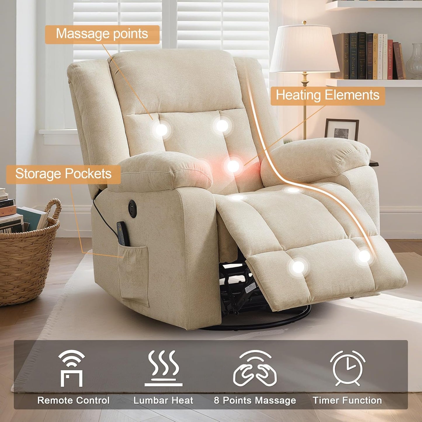Korser Rocker Recliner, Glider Recliner Chairs for Adults, 360° Swivel Rocking Chair with Massage and Heating, Nursery Chair with Storage and USB Charging for Living Room, Bedroom, Nursery