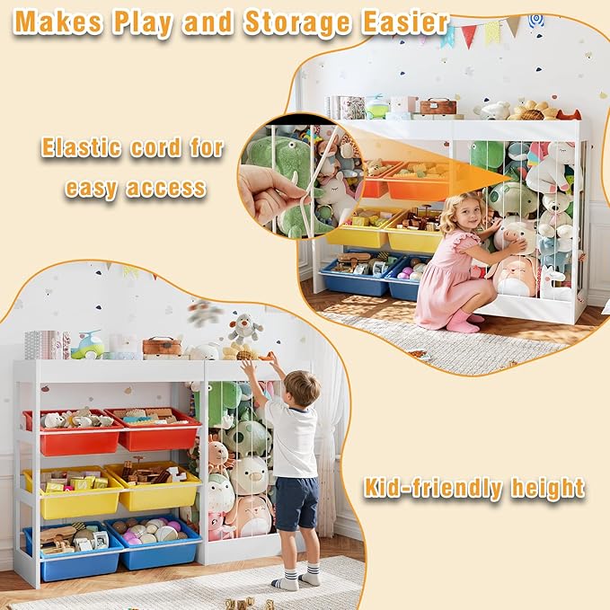 50.6" W X 39.4" H Toy Organizer, Large Toy Storage with 153L Stuffed Animal Storage for 80+ Medium Plushies, 6 Plastic Removable Bins, Toy Organizer Shelf for Girls Boys Playroom, Kids Room