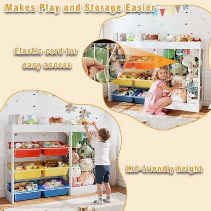 50.6" W X 39.4" H Toy Organizer, Large Toy Storage with 153L Stuffed Animal Storage for 80+ Medium Plushies, 6 Plastic Removable Bins, Toy Organizer Shelf for Girls Boys Playroom, Kids Room