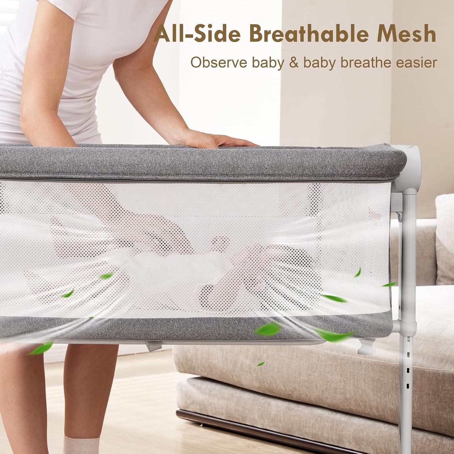 Bassinet Bedside Sleeper - All-Mesh Design, Portable Bedside Bassinet for Baby with Washable Mattress, 5 Adjustable Heights（Beige）