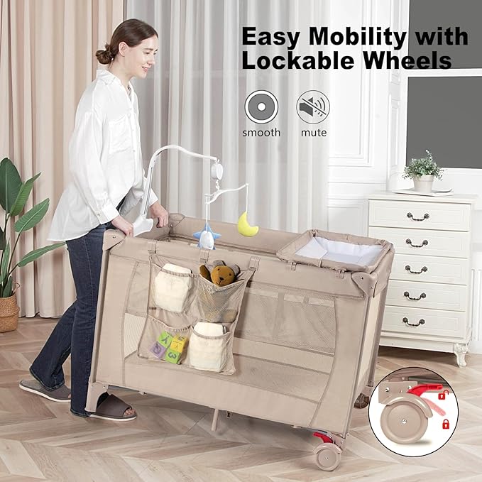 Pack and Play with Changing Table & Carry Bag, 4-in-1 Portable Crib Playpen for Newborn to Toddler, ASTM Certified Foldable Travel Crib with Bassinet(C-Khaki)