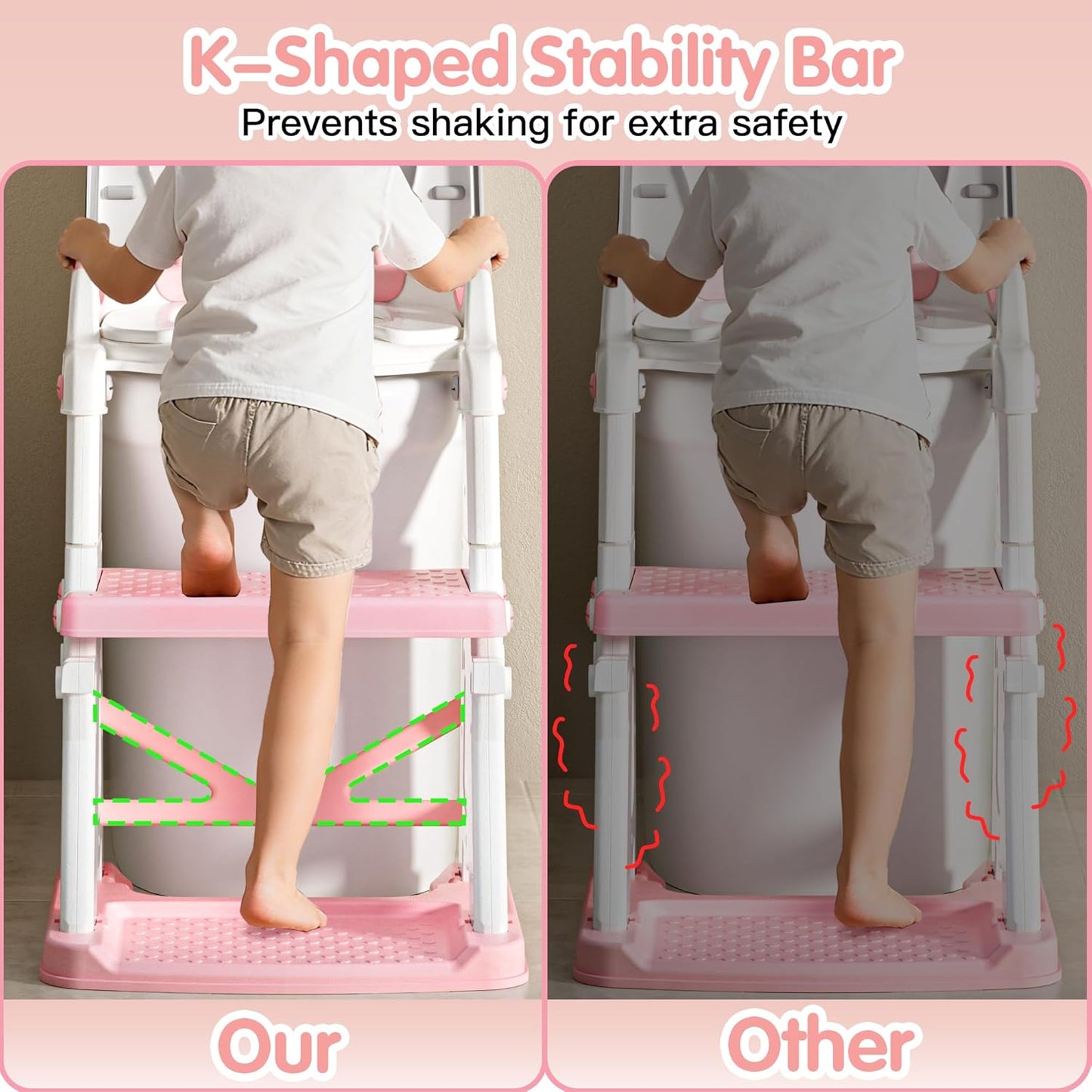 Potty Training Seat, 2 in 1 Potty Training Toilet with Step Stool for Boys Girls, Toddler Toilet Seat with Stabilizer Crossbar, Anti-Slip Pads and Splash Guard, Pink