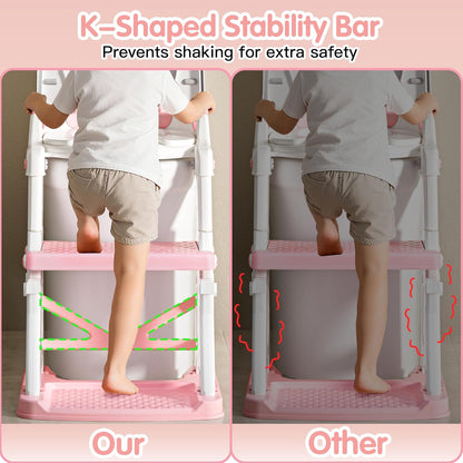 Potty Training Seat, 2 in 1 Potty Training Toilet with Step Stool for Boys Girls, Toddler Toilet Seat with Stabilizer Crossbar, Anti-Slip Pads and Splash Guard, Pink