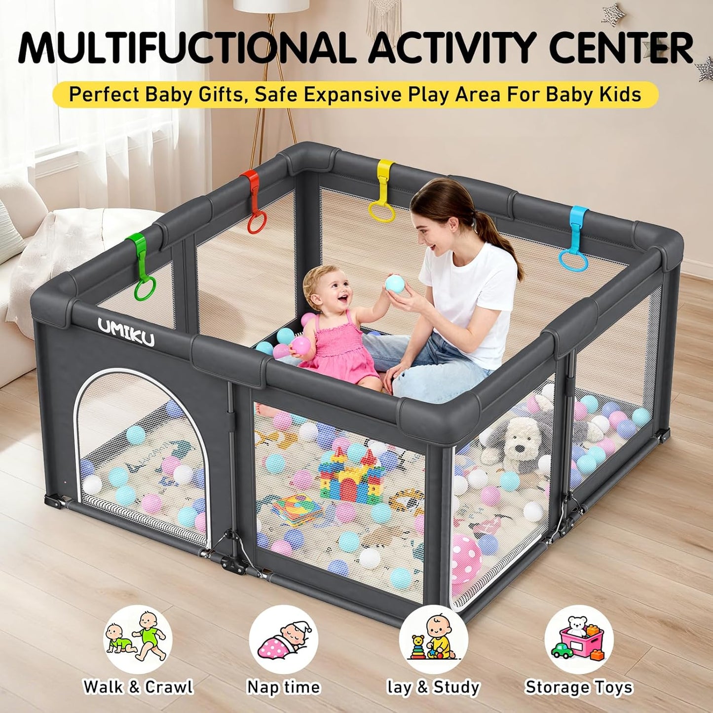 Baby Playpen Foldable Playpen for Babies and Toddlers, Large Playpens Portable Play Pen Play Yard for Kids Fence Indoor Outdoor Travel 4 Handlers 50 Balls Baby Gifts Essentials 50"X50" Dark Grey