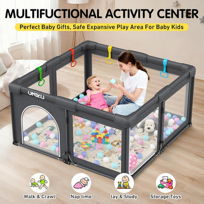 Baby Playpen Foldable Playpen for Babies and Toddlers, Large Playpens Portable Play Pen Play Yard for Kids Fence Indoor Outdoor Travel 4 Handlers 50 Balls Baby Gifts Essentials 50"X50" Dark Grey