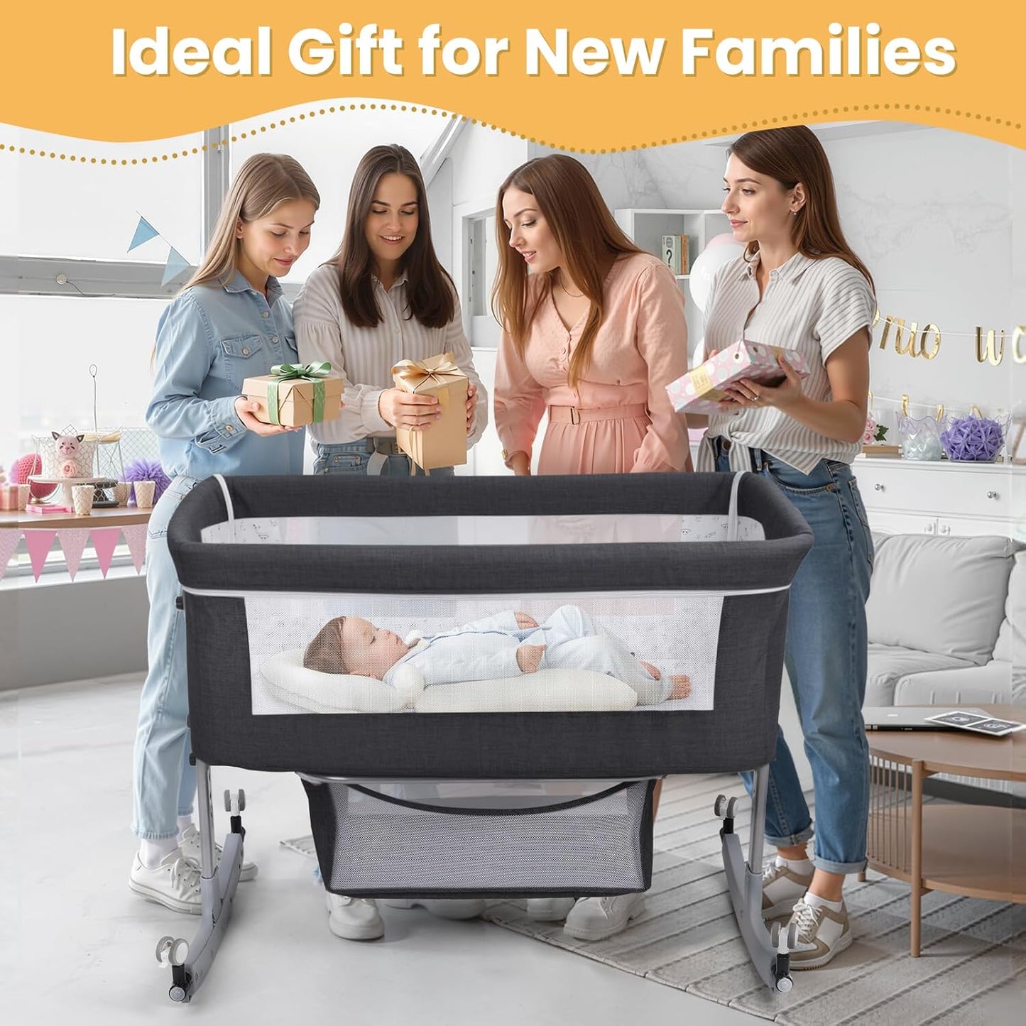 Bedside Bassinet Baby Crib, 3-in-1 Bedside Crib with Storage Basket, 6 Levels Height Adjustable Baby Bassinet with Mosquito Net and Wheels, Portable Newborn Infant Cradle Black