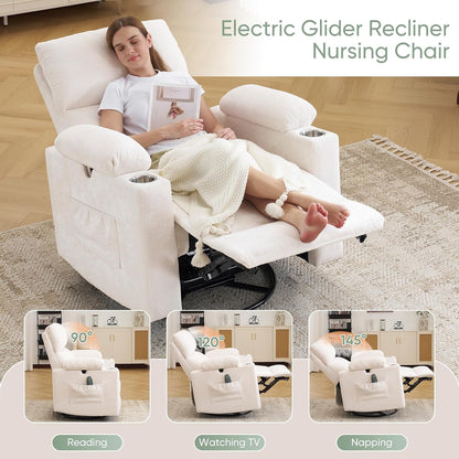 Rocking Chair Nursery with Adjustable Armrest for Breastfeeding, Glider Recliner Nursery Chair with Massage and Heat, Power Swivel Rocker Recliner with Adjustable Headrest, Corduroy, Beige