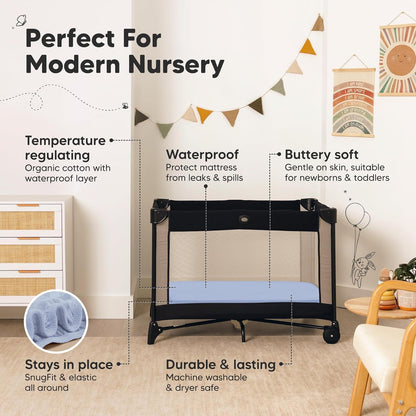 2 Pack and Play Sheets, Waterproof Mini Crib Sheets Fitted - 38x26 Organic Cotton Pack N Play Sheets for Graco Pack and Play Mattress, Playard Baby Crib Sheets,Neutral for Boy,Girl,Toddler(KeaSafari)